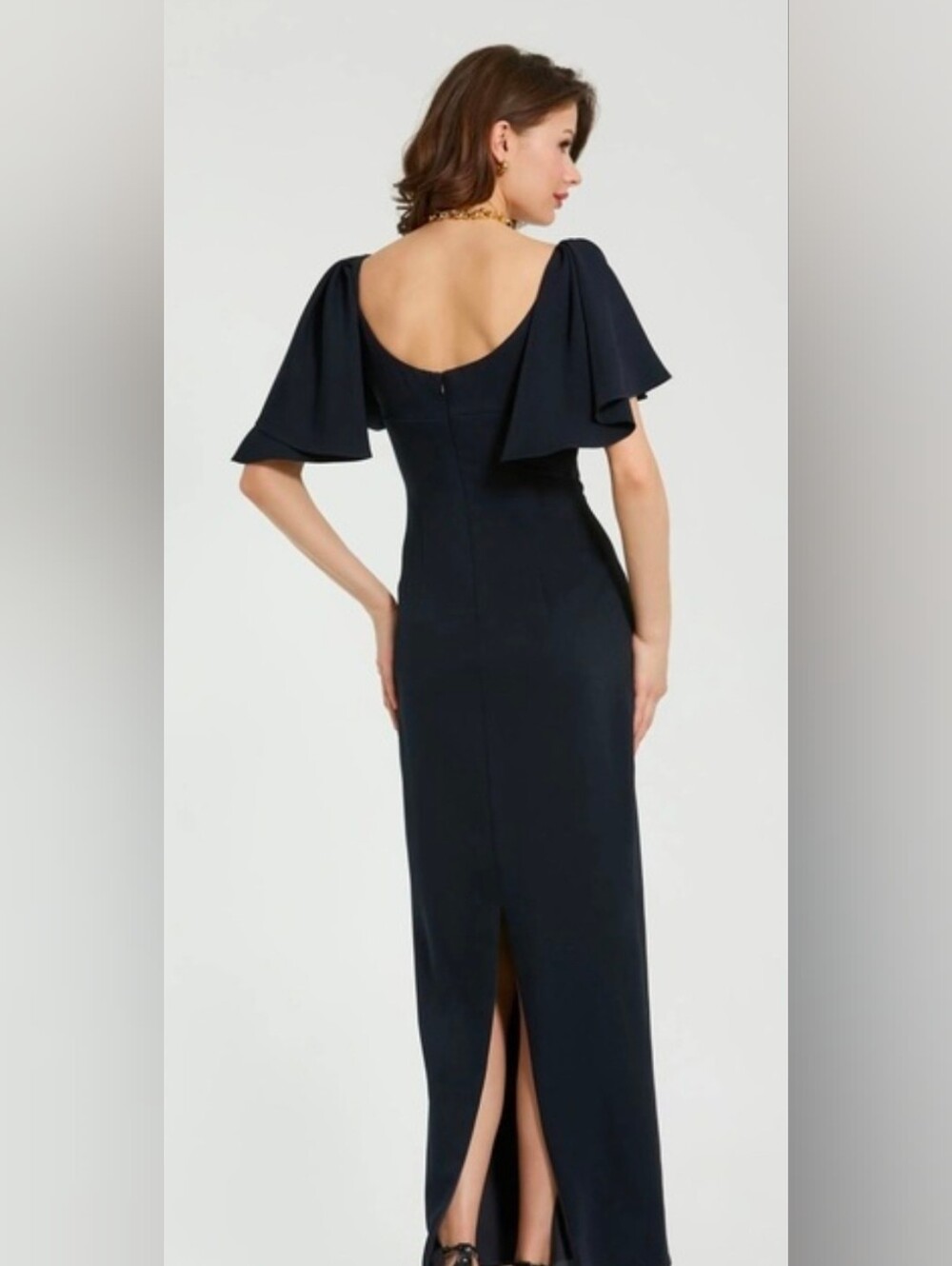 Mac Duggal NWT Navy Blue Short Flutter Sleeve Crepe Maxi Dress Size 4 #20962 - Picture 3 of 11